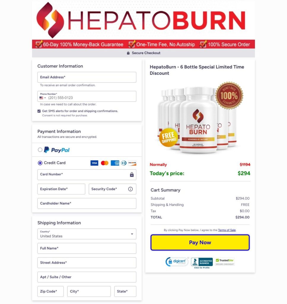 Order page displaying a 6-bottle bundle of the product with pricing, discount details